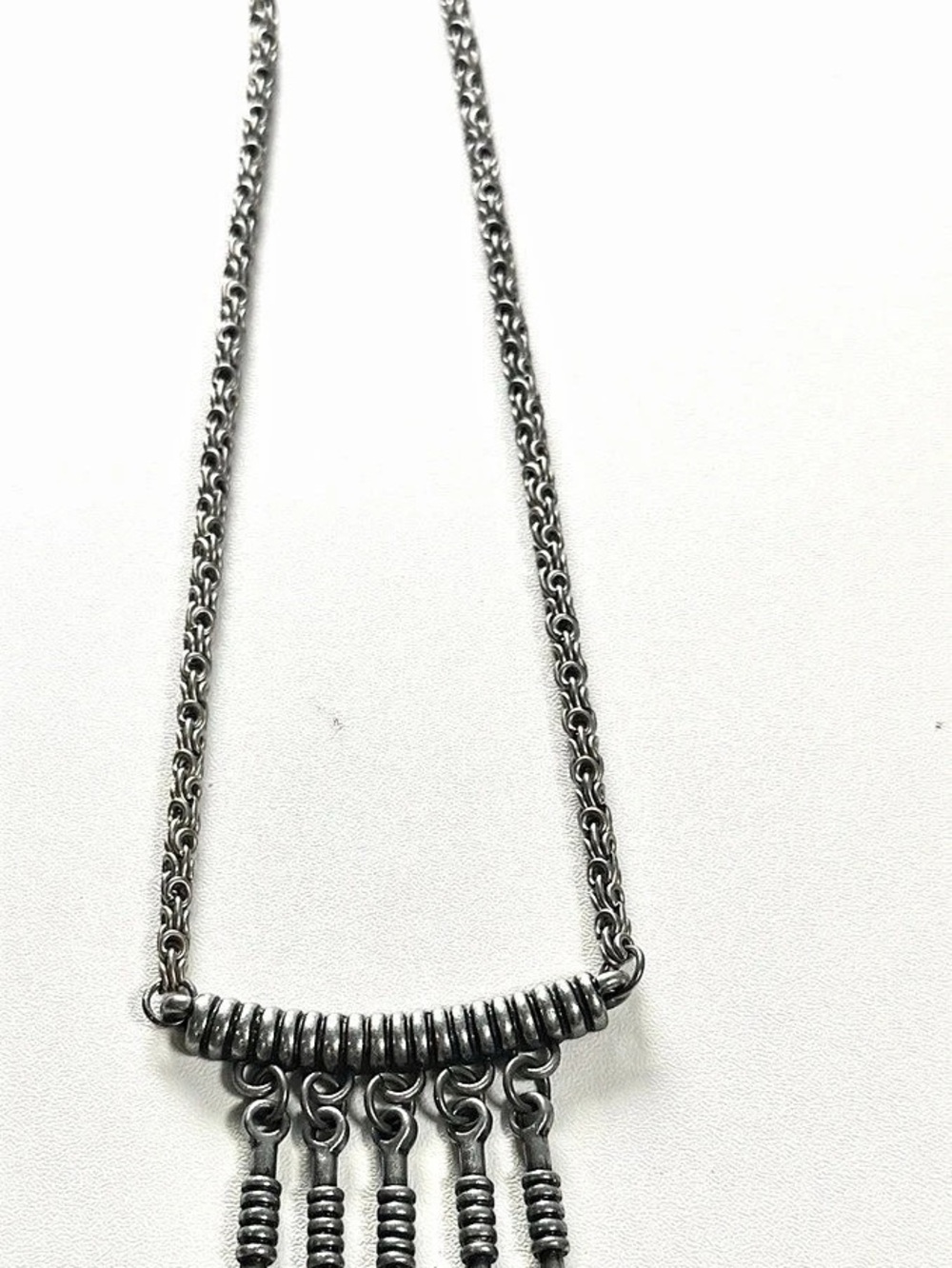 Vintage Scandinavian Brutalist Pewter Fringe Drop Tassel Necklace Modernist Boho